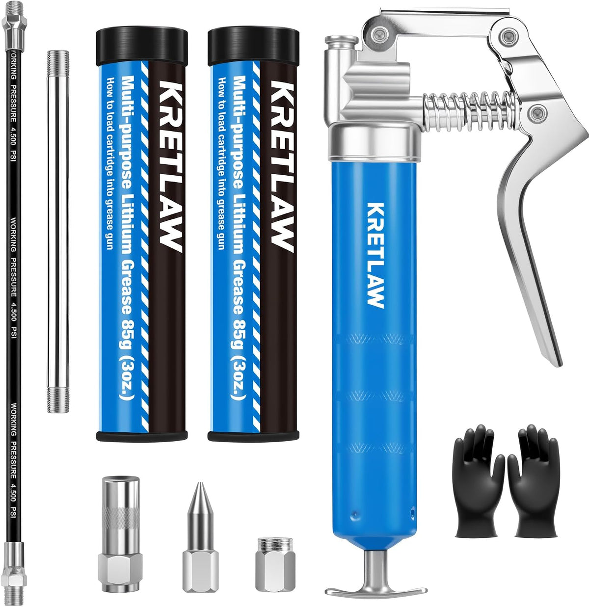 KRETLAW Mini Grease Gun (3000PSI) with Double 3oz Cartridge Grease and 12'' Flex Hose, Reinforced Coupler for Automotive,Marine