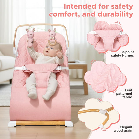 Portable Baby Bouncer, Bouncer Seat for Babies 0-12 Months, 3 Recline Positions, Foldable Baby Rocker Chair with Removable Wooden Bar, Pink