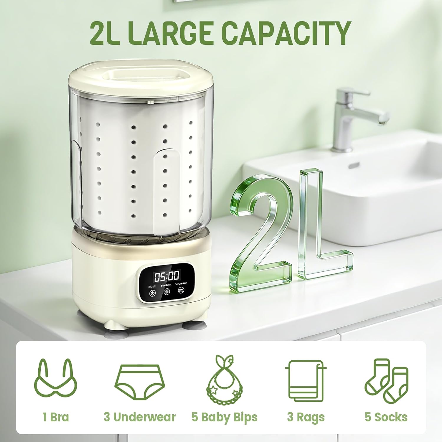 2L Mini Washing Machine, Portable Underwear Washer with 3 Modes