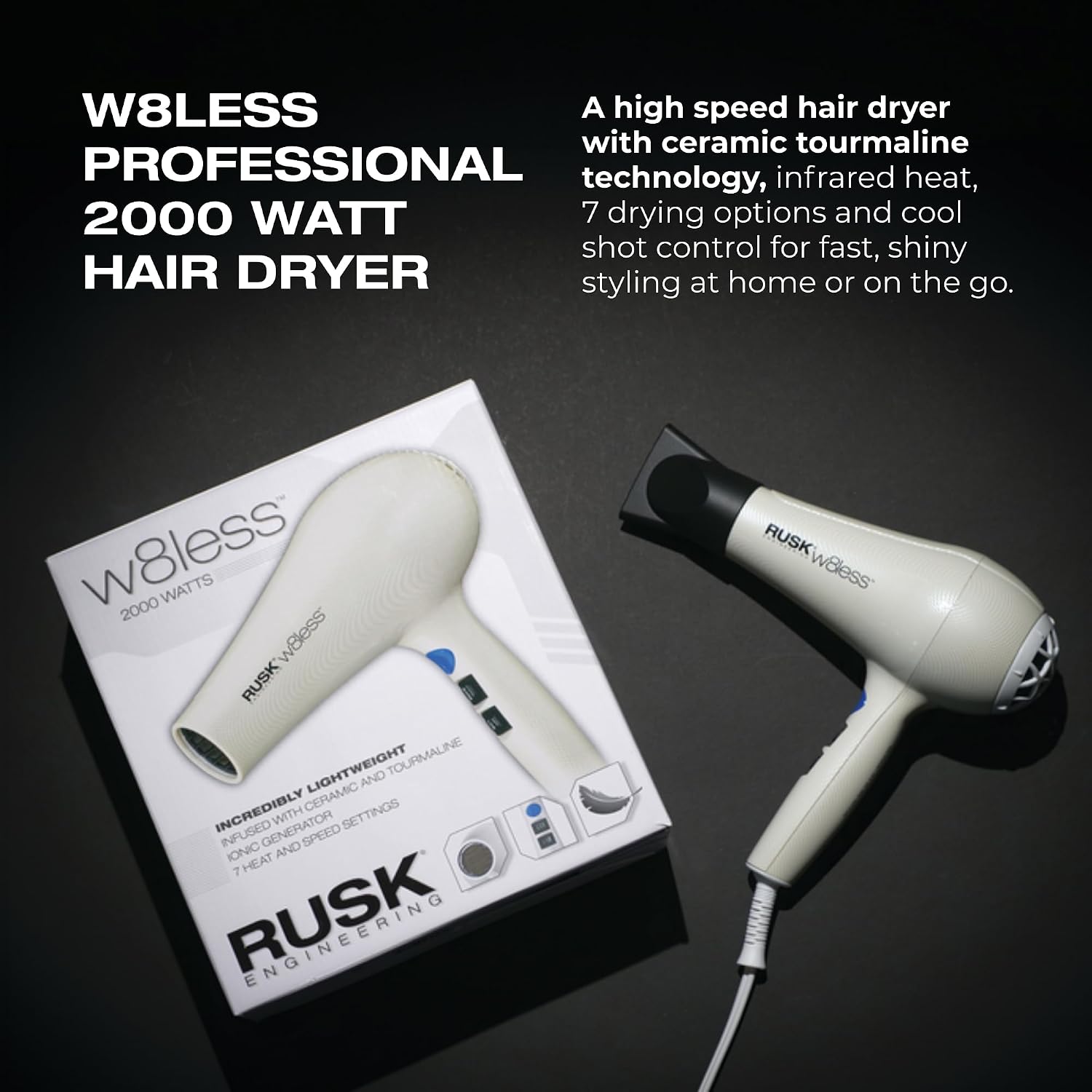 RUSK Engineering W8less Professional 2000 Watt Dryer, 7 Speed Settings, Lightweight.