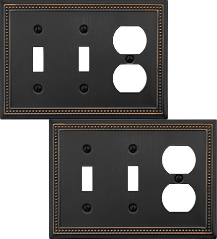 OKAWYC Double Toggle/Single Duplex Light Switch Cover Belaire Beaded Metal Wall Plate, 2-Pack Aged Bronze 3 Gang, Oil Rubbed Bronze Light Switch Cover Outlet Cover Decorative Wallplate, Durable