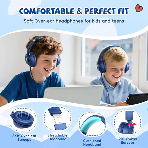 Kids Headphones Wired for School, 3.5mm Safe Volume Limited with Mic, Navy