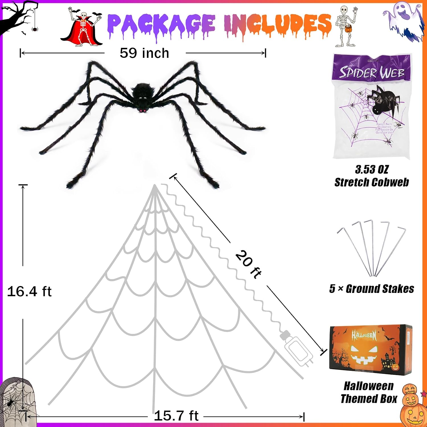 Halloween Decorations Outdoor 455 LED Spider Web Decoration + 59" Spider