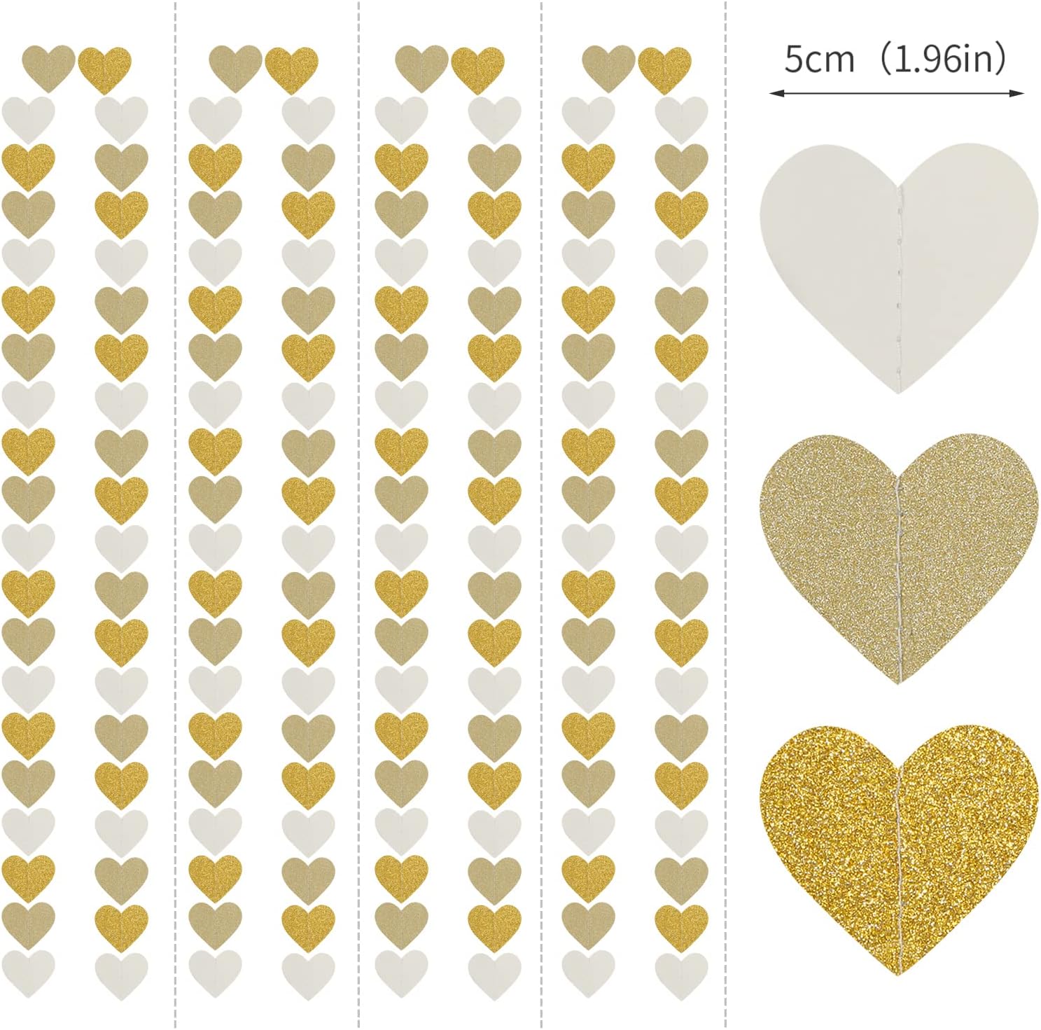 White-Gold Champagne Party-Decorations Heart Streamers Garland - 52Ft Christmas Wedding Engagement Hanging Paper Banner,Bachelorette Neutral Baby Bridal Shower Decor Banners Lasting Surprise