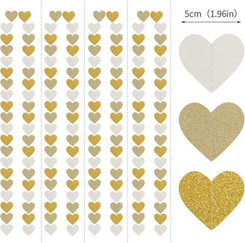White-Gold Champagne Party-Decorations Heart Streamers Garland - 52Ft Christmas Wedding Engagement Hanging Paper Banner,Bachelorette Neutral Baby Bridal Shower Decor Banners Lasting Surprise