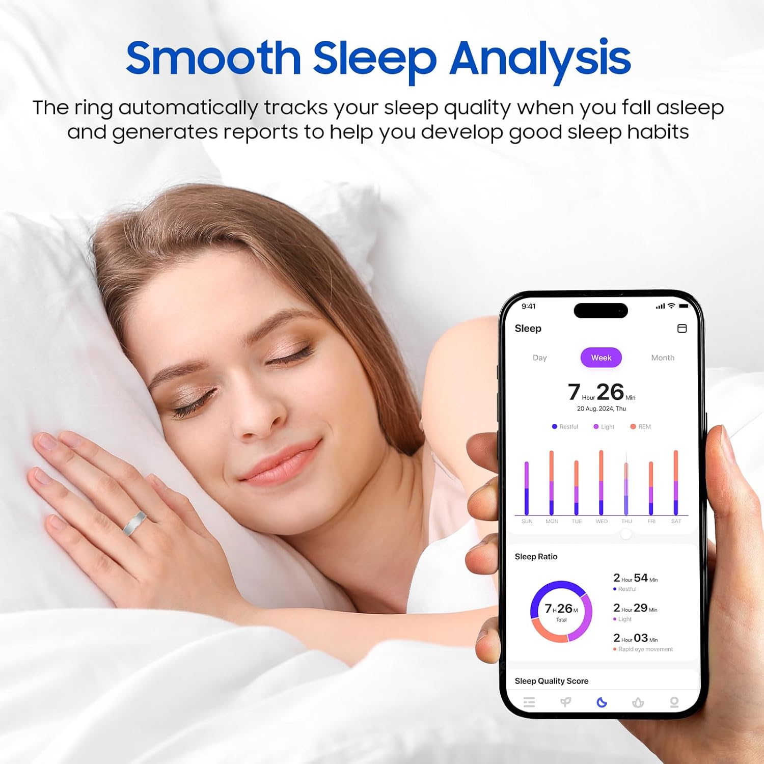 Smart Ring Health Monitor for Sleep Stress Exercise Tracking, IP68 Waterproof, Long Battery Life, No Subscription, Works with iOS Android, Suitable for daily use, exercise and play. (Silver, 8)