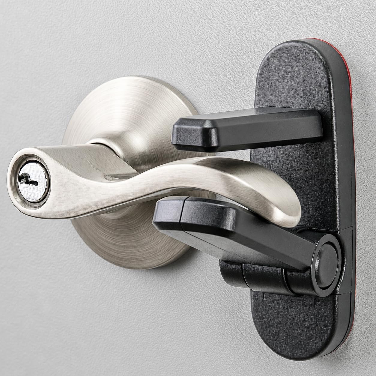 Door Lever Lock (2 Pack) Prevents Toddlers from Opening Doors. 3.25" L * 1.5" W * 4.5" H Easy One Hand Operation for Adults. Durable ABS with 3M Adhesive Backing. Simple Install, Black