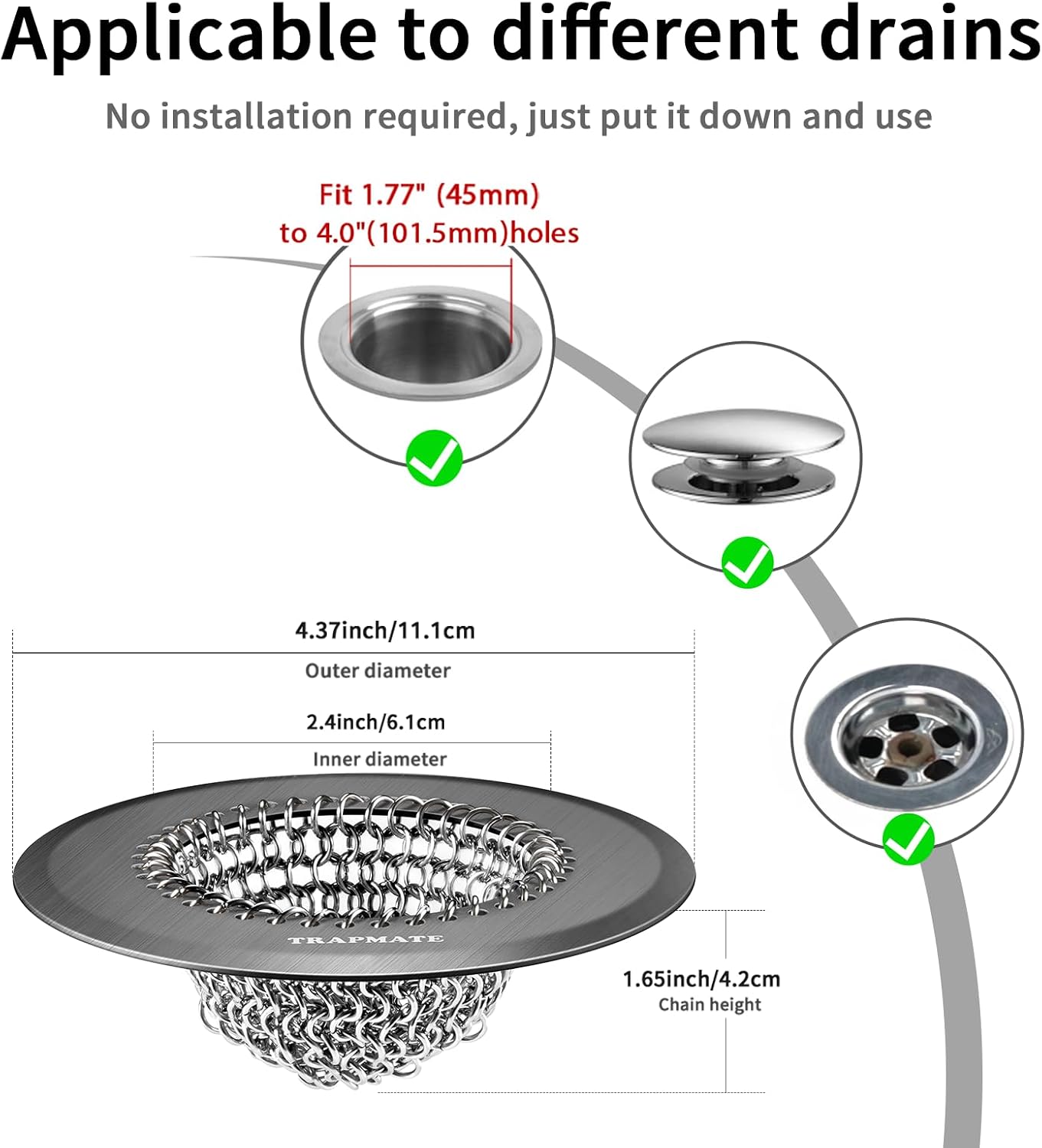 TRAPMATE Shower Hair Drain Catcher, Easy Clean Bathtub Drain Hair Catcher, Fast Drainage Tub Drain Protector, Stainless Steel Shower Drain Cover for US Standard Regular & Pop-up Drain Screen (Black)