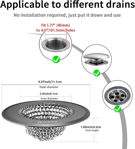 TRAPMATE Shower Hair Drain Catcher, Easy Clean Bathtub Drain Hair Catcher, Fast Drainage Tub Drain Protector, Stainless Steel Shower Drain Cover for US Standard Regular & Pop-up Drain Screen (Black)