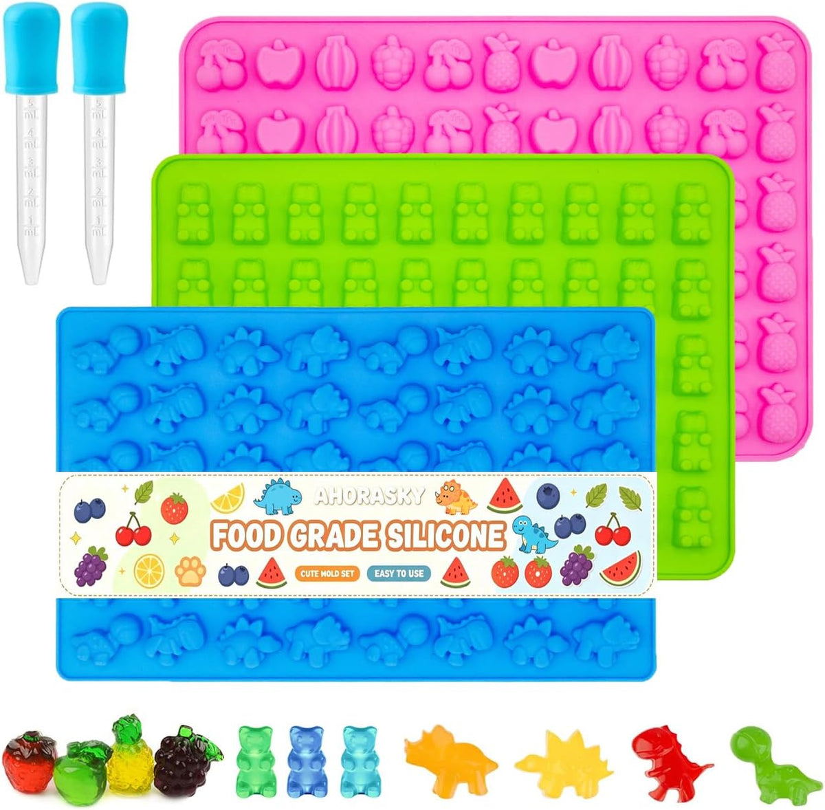 Gummy Candy Molds - Silicone Mini Gummy Bear/Dinosaur/Fruit Snack Molds with 2pcs Dropper,Non-stick and Bpa Free for Candy Chocolate Gummies Baking