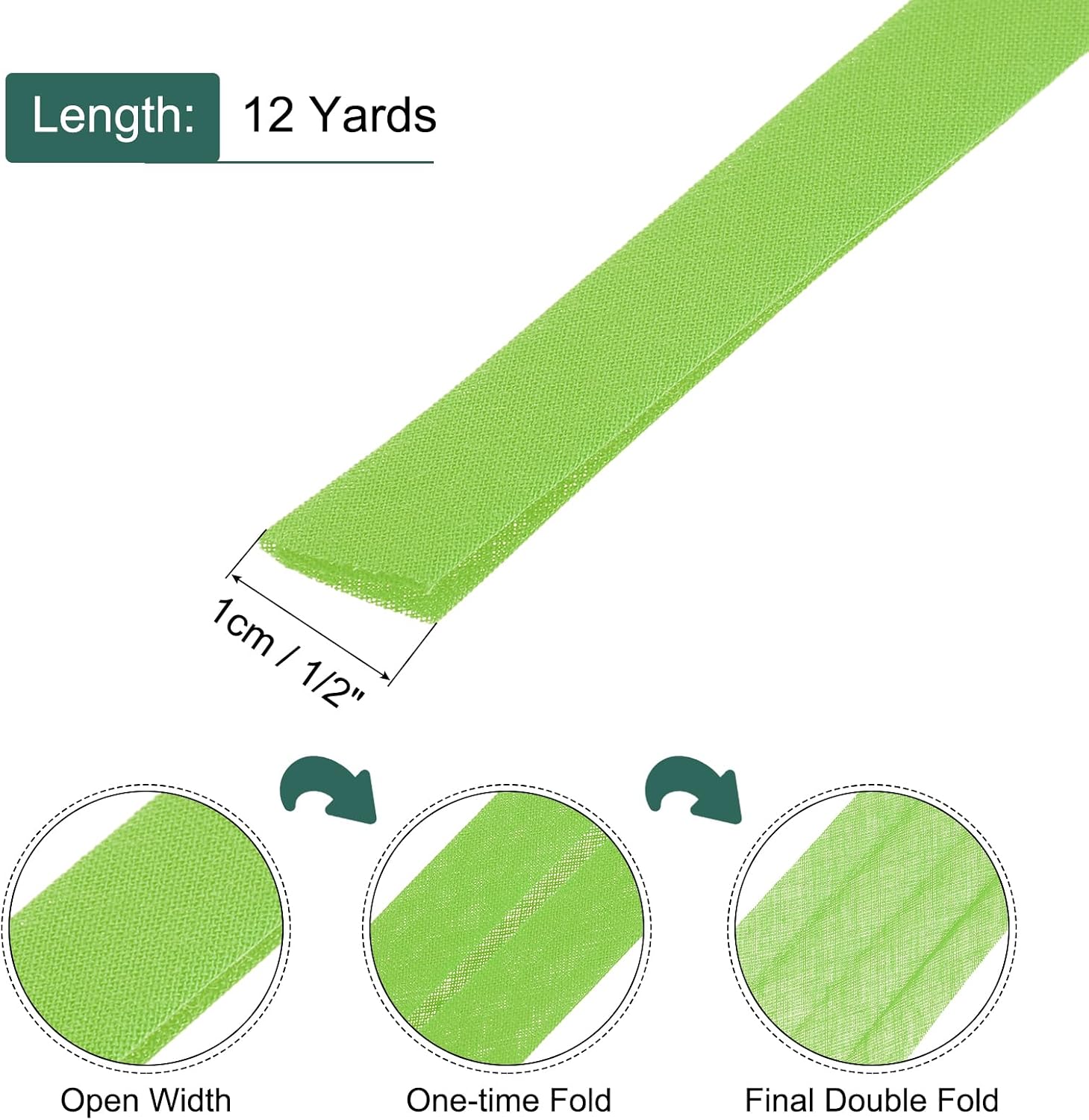 MECCANIXITY 3/8 Inch Double Fold Bias Tape Continuous Bulk Bias Tape for Sewing, Seaming Quilting Hemming Binding Crafts (Green 12 Yards)