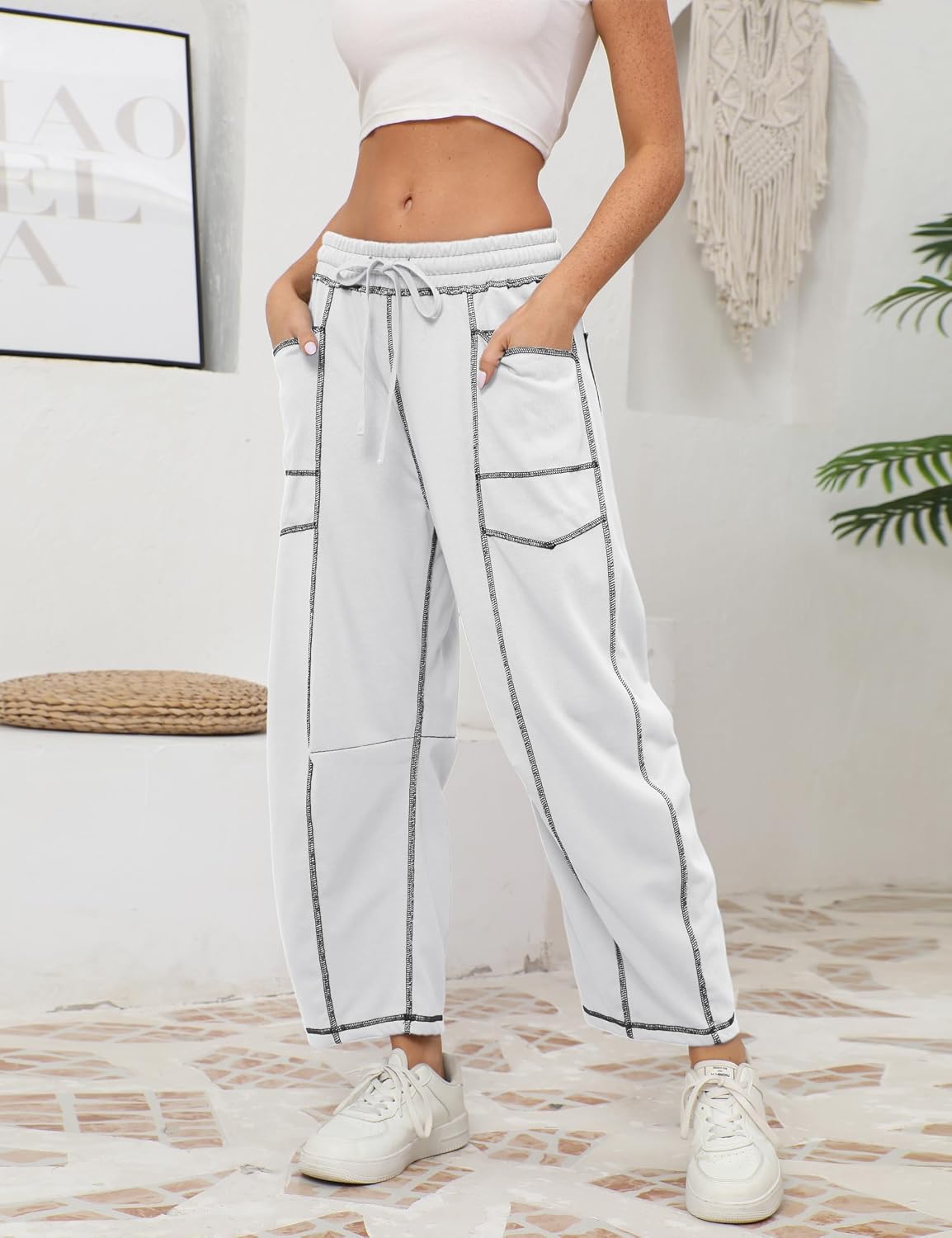 Athlisan Womens Baggy Barrel Pants Wide Leg Lounge Drawstring Sweatpants with Pockets