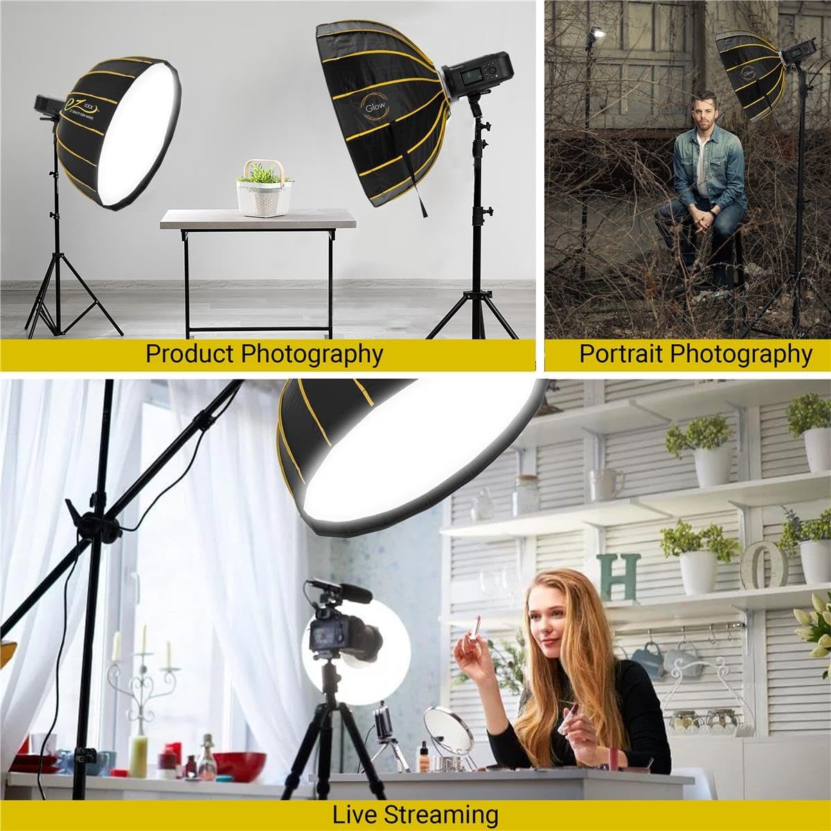 Glow EZ Lock 25" White Beauty Dish Softbox, Quick Release Bowens Mount Softbox with Removable Diffusers, Eggcrate Grid, Deflection Disk, Storage Bag & 1-Year Warranty