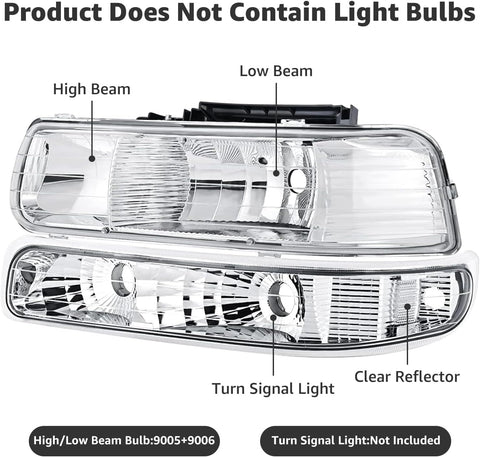 Clear Headlights Assembly 4pcs Compatible with 1999-2002 Chevy Silverado