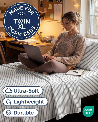 Twin XL Size 3 Piece Sheet Set - Breathable & Cooling Sheets - Grey Stripes