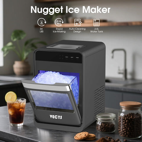 VECYS Nugget Ice Maker Countertop with Auto Water Pump, 33LBS Daily Sonic Ice, Portable Pellet Ice Machine with Continuous Ice Making, Touch Panel, Self-Cleaning, Ice Basket & Night Light