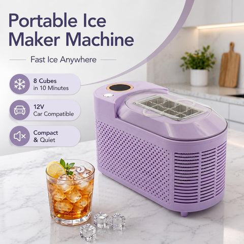 Portable Ice Maker Machine, Mini Cube Maker, Dual Power Fast Ice Making, 12V Car Compatibility, 8 Ice Cubes in 10 Minutes for Home, Office, Camping, Travel Use (Purple)
