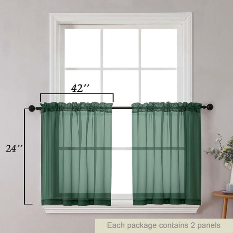 Kitchen Curtains 24 Inch Length Tier 2 Pieces, Hunter Green Sheer Curtain Solid Soft Sheer Short Curtains for Windows, Cafe Bathroom Basement Rod Pocket Drapes, Hunter Green, 42"Wx24"L Inch