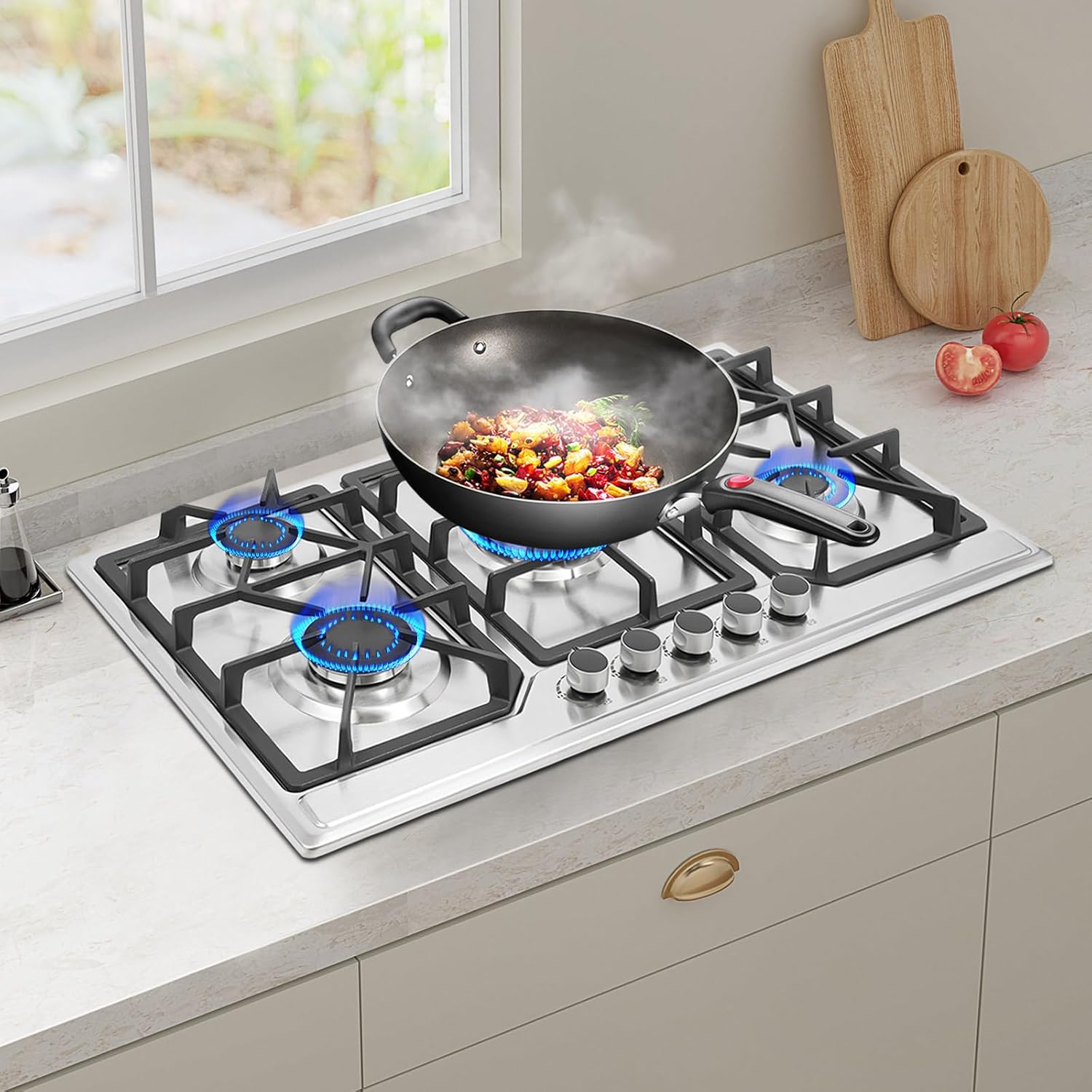 5 Burners Gas Cooktop, 34 Inch Built-in Gas Stove Top Stainless Steel LPG/NG Convertible Gas Hob with Flameout Protection for Camping, RV, Apartment