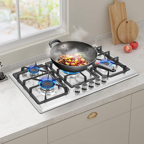 5 Burners Gas Cooktop, 34 Inch Built-in Gas Stove Top Stainless Steel LPG/NG Convertible Gas Hob with Flameout Protection for Camping, RV, Apartment