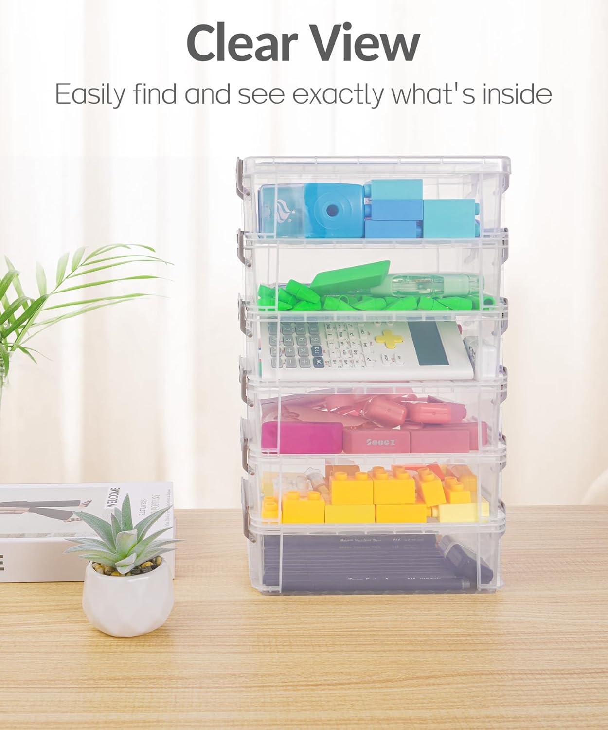 Sooez 6 Pack Extra Large Pencil Box, Plastic Pencil Case Crayon Box