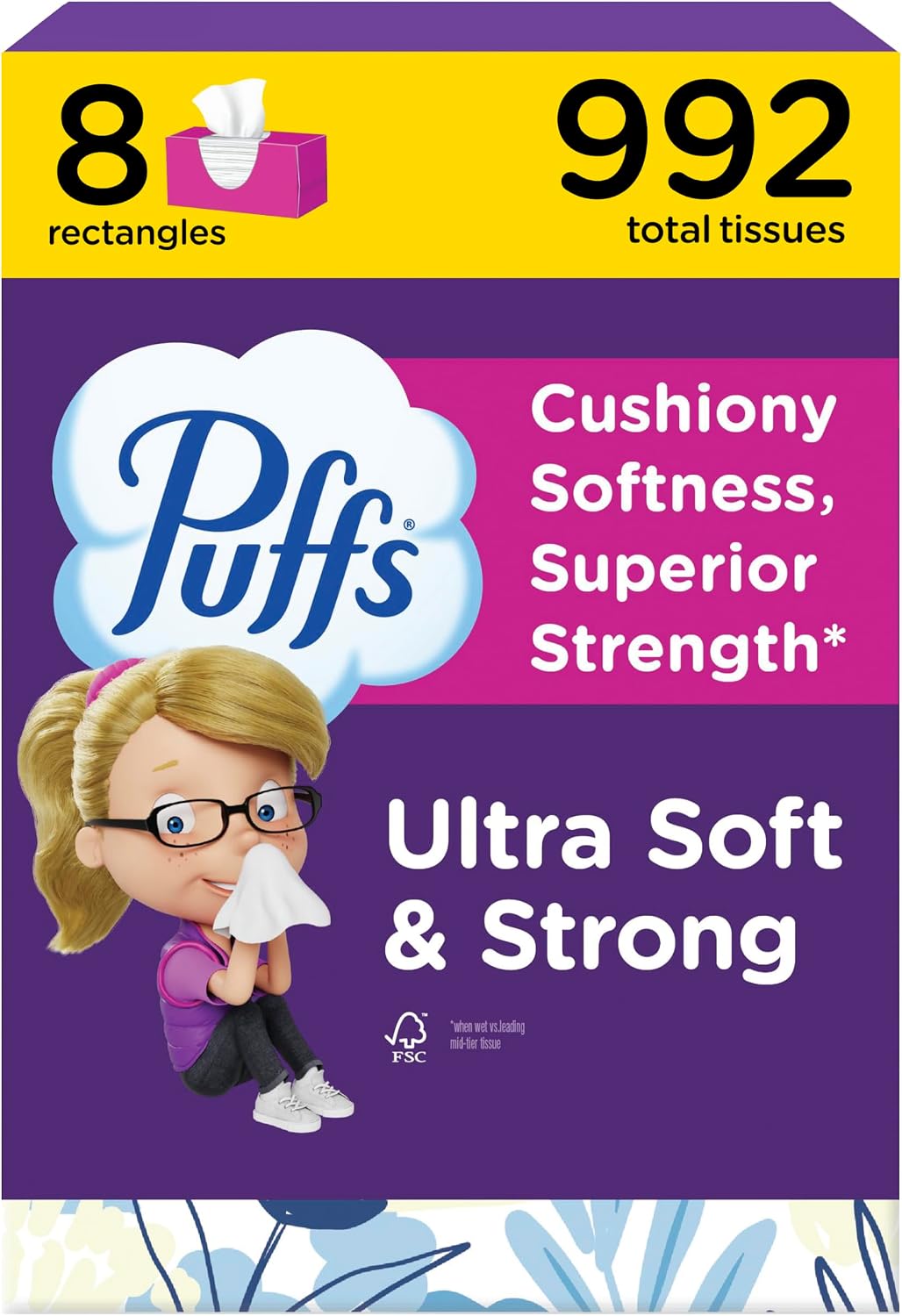 Puffs Facial Tissue Ultra Soft Non-Lotion, 8 Rectangle Boxes, 124 Facial Tissues per Box, Allergies and Colds (Packaging May Vary)