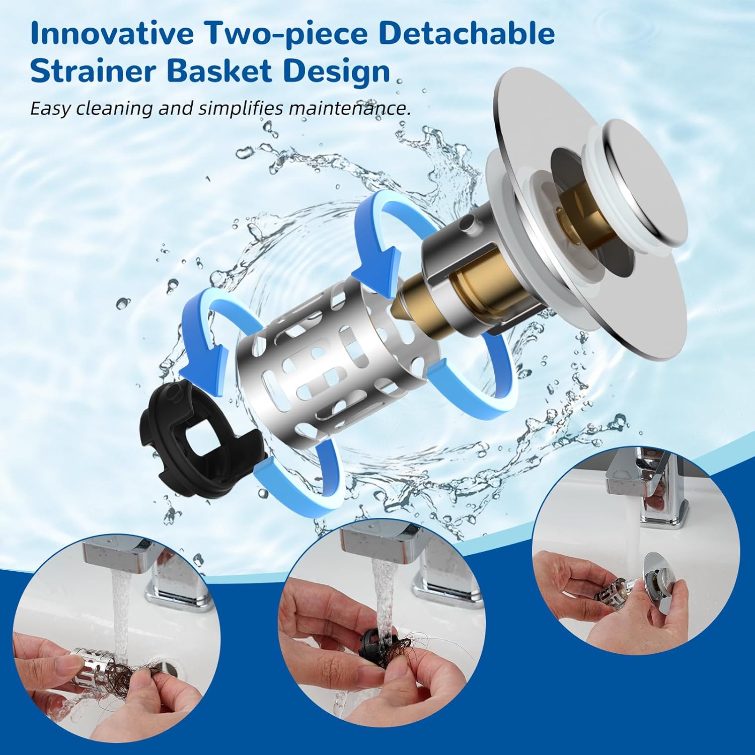 Hibbent Upgraded 3 in 1 Bathroom Sink Drain Strainer, Pop Up Stopper