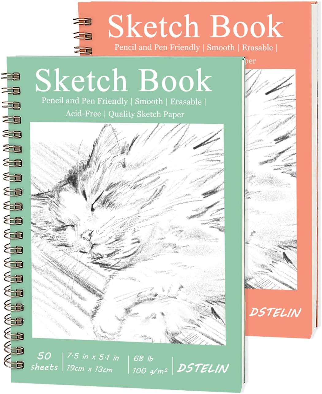 DSTELIN 2 Pack Hardcover Sketchbooks (100 GSM Sketch Paper), 7.5x5.1 Inch Spiral Sketch Book for Sketching, Drawing, Painting, 50 Sheets per Pack, Pink and Green