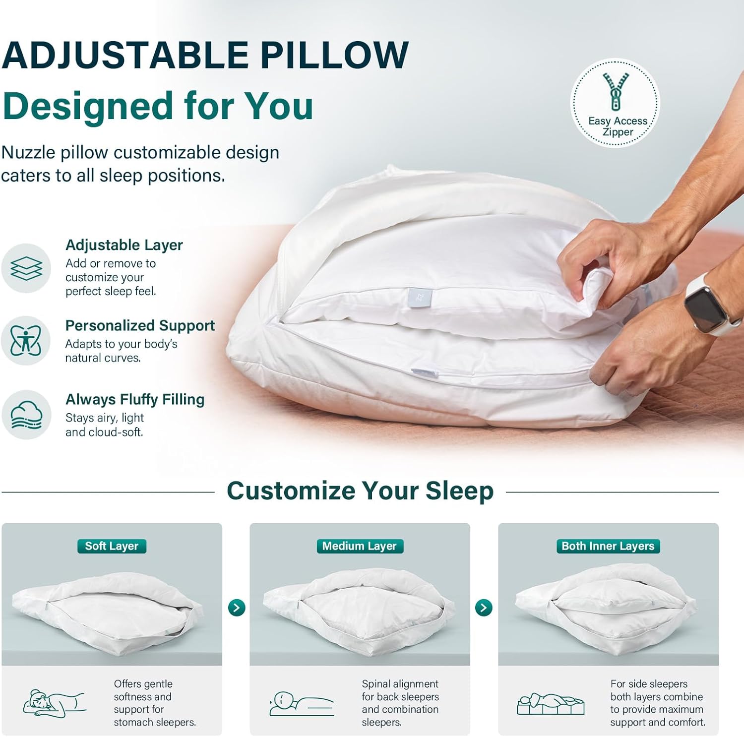 Nuzzle Pillow Standard Adjustable Neck Pillow,Soft Luxury Hotel Feel