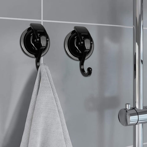 Heavy Duty Vacuum Suction Cup Hooks, ABS Plastic and TPU Rubber Shower Hooks, Bathroom Robe Hooks, Reusable, No Hole Punched, for Garland Decoration (Black, 2 Pack)