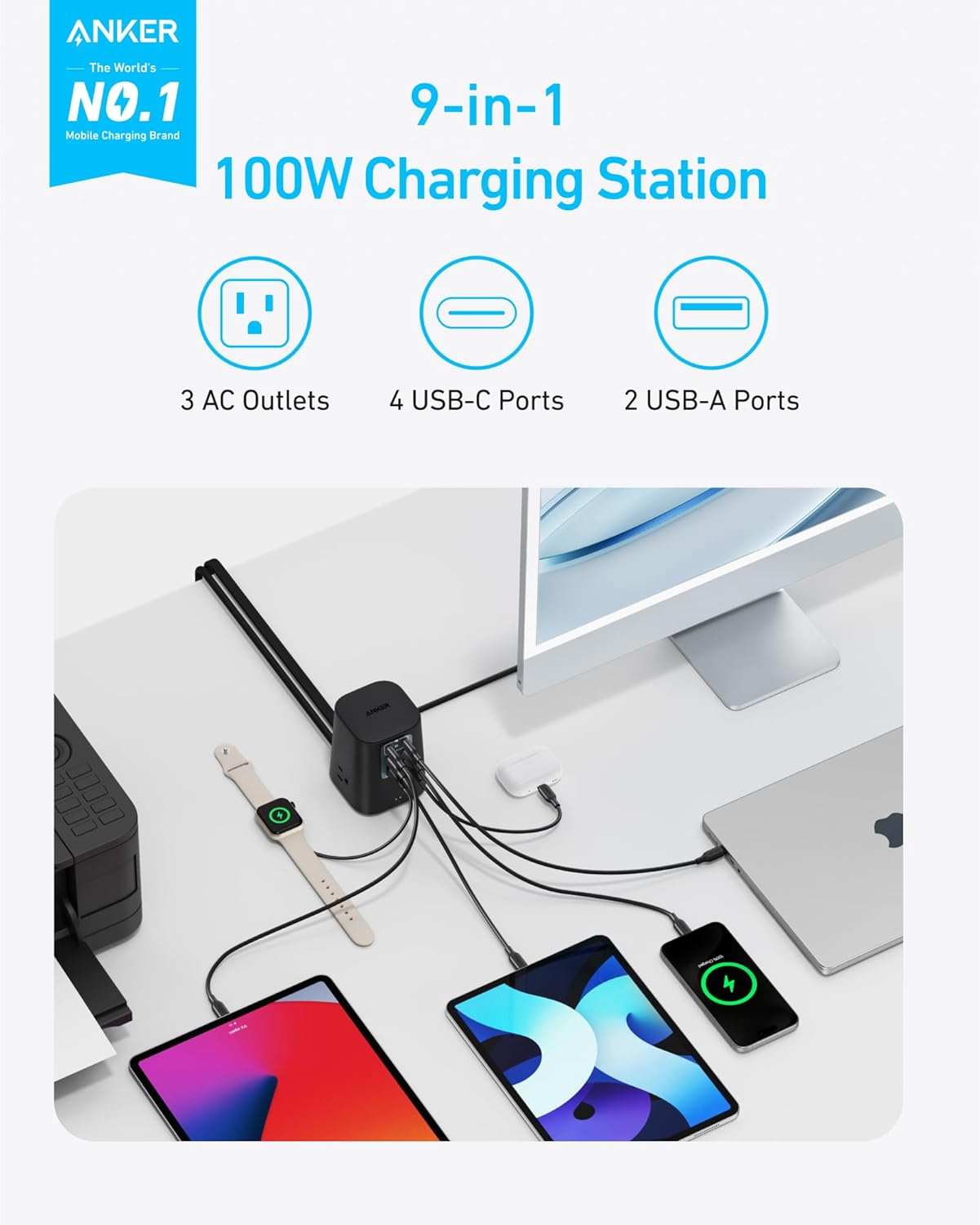 Anker Desktop Charger, 9-in-1 Power Strip with 300J Surge Protector, 100W