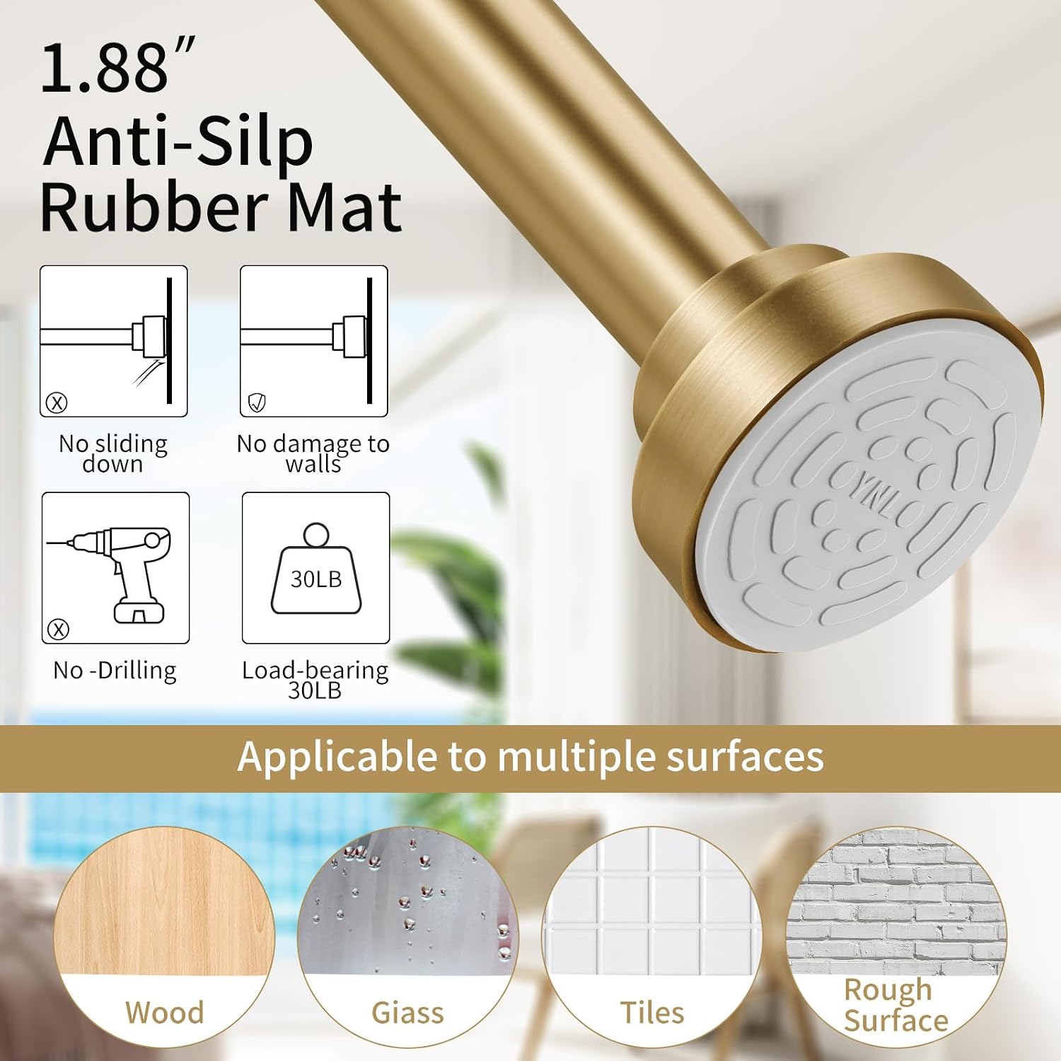 YNL Shower Curtain Rod 34-120 Inches, Adjustable Gold Shower Rod No Drilling, Non-Slip, Never Rust, Stainless Steel, Suitable for Bathroom Living Room, Gold