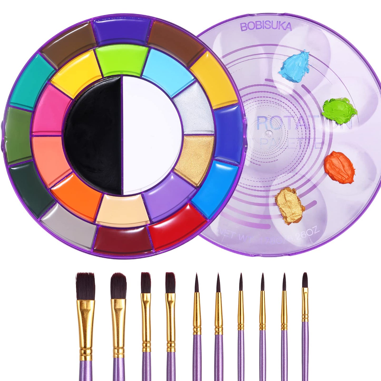 BOBISUKA Face Body Paint Palette Set, 24 Colors SFX Painting Makeup Kit + 10pcs Purple Artist Brushes, Large Black & White Pan, Neon Camo Oil Paint Set for Cosplay Halloween