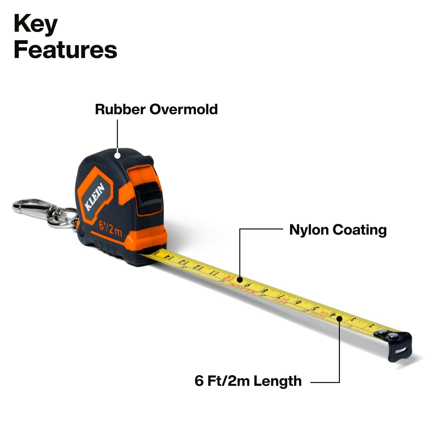 Klein Tools 9362 6-Foot Keychain Tape Measure with Carabiner, SAE and Metric Markings, Small Pocket Tape with Nylon Coated Blade