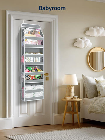 Yecaye 5 Tier Over the Door Organizer, Swing-proof Door Organizer Hanging with Clear PVC Windows, Behind the Door Storage for Bedroom Nursery Closet Laundry Pantry Bathroom, Grey