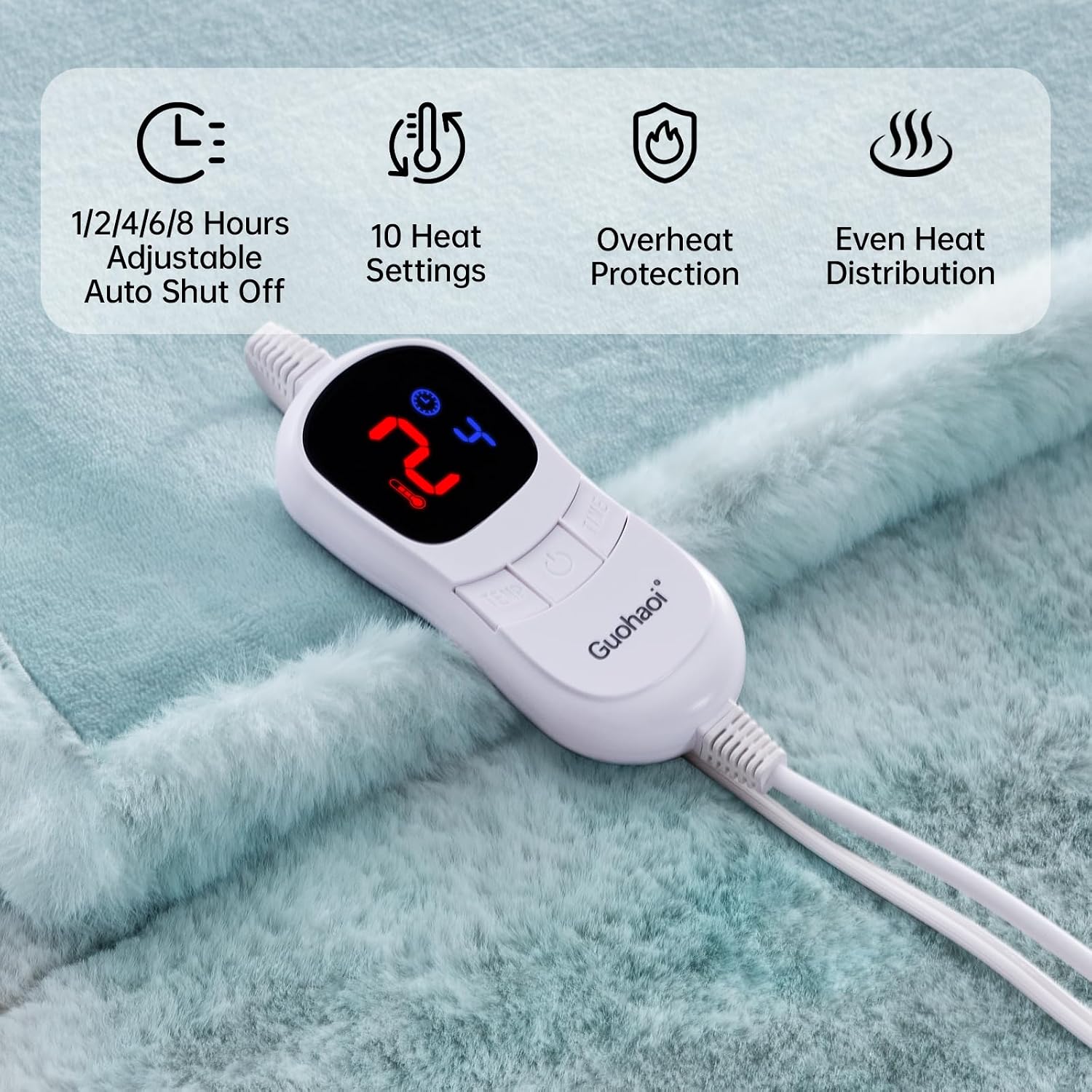Guohaoi Heated Blanket Electric Throw, Soft Faux Rabbit Fur Electric Blanket with 10 Heating Levels 5 Sitting Timer Auto Off, Cozy Warm Heating Blankets, Machine Washable(62"×84" Blue)