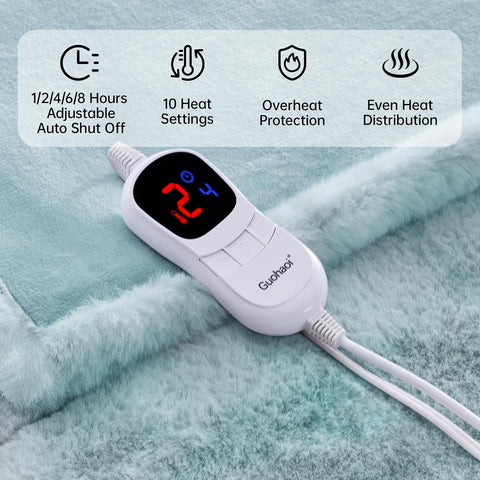 Guohaoi Heated Blanket Electric Throw, Soft Faux Rabbit Fur Electric Blanket with 10 Heating Levels 5 Sitting Timer Auto Off, Cozy Warm Heating Blankets, Machine Washable(62"×84" Blue)