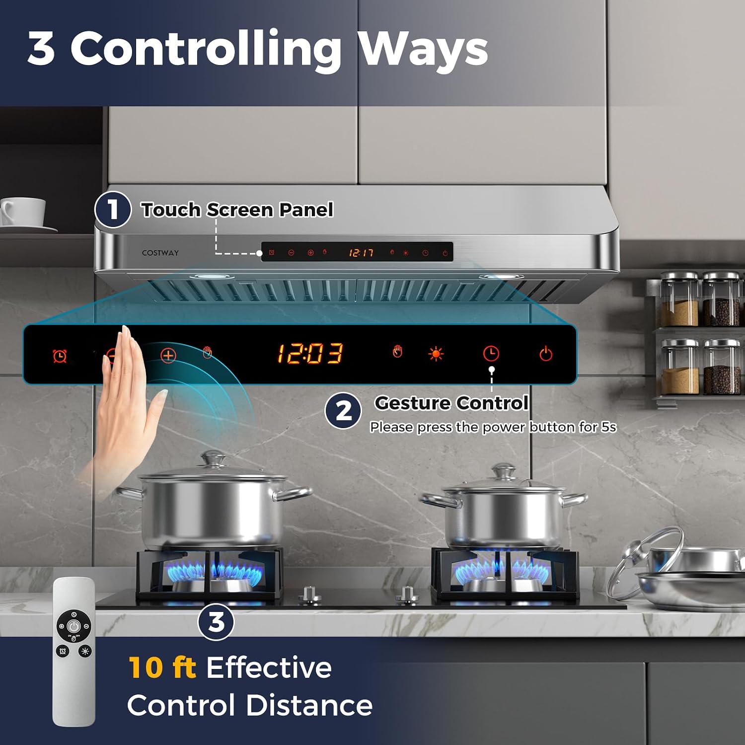 COSTWAY 30 Inch Under Cabinet Range Hood, 900 CFM Kitchen Vent w/ 4 Speed, Adjustable LED Lights & Time Setting, Gesture/Touch/Remote Control, 3 min Delay Shut-Off, with 2 Pcs Baffle Filters