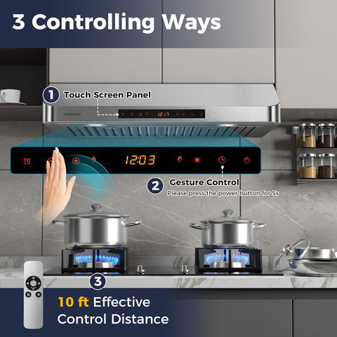 COSTWAY 30 Inch Under Cabinet Range Hood, 900 CFM Kitchen Vent w/ 4 Speed, Adjustable LED Lights & Time Setting, Gesture/Touch/Remote Control, 3 min Delay Shut-Off, with 2 Pcs Baffle Filters