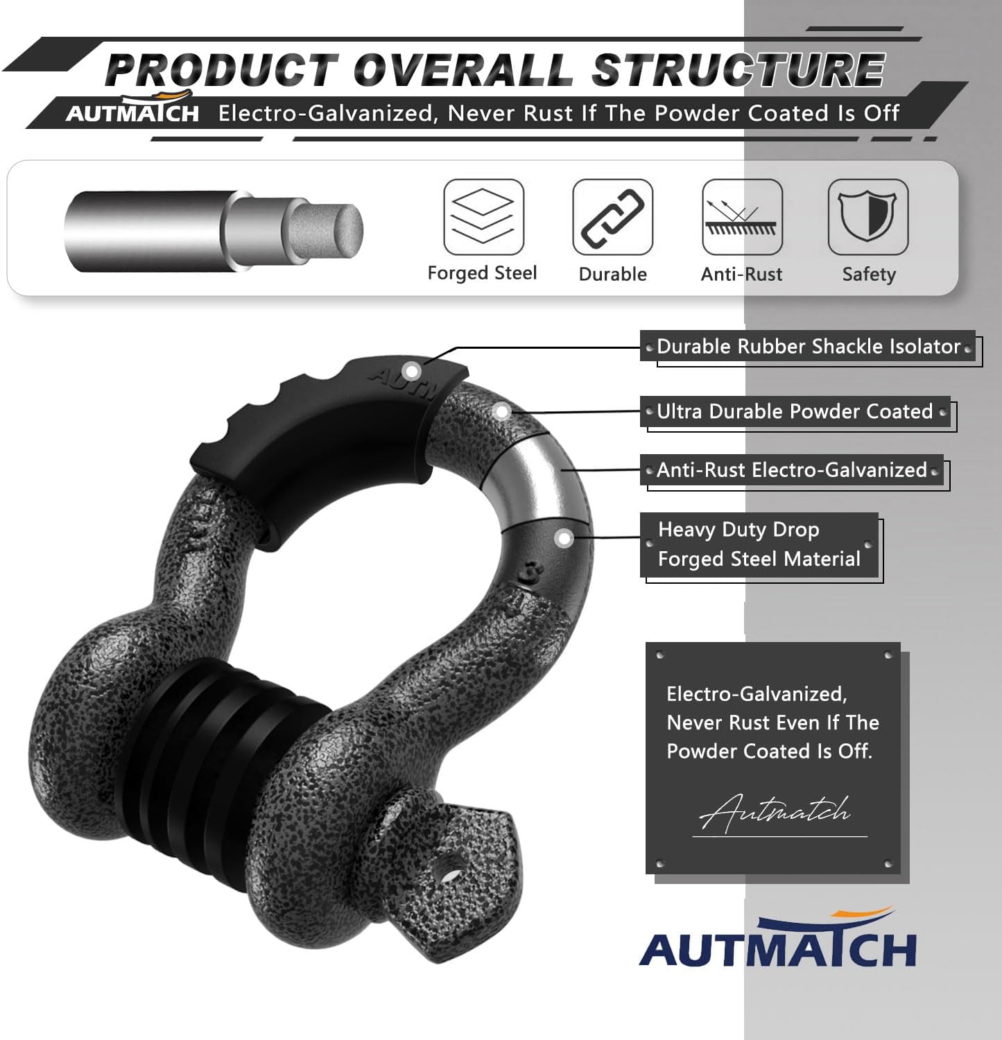 AUTMATCH 3/4" D Ring Shackles (2-Pack) - 41,887 lbs Break Strength