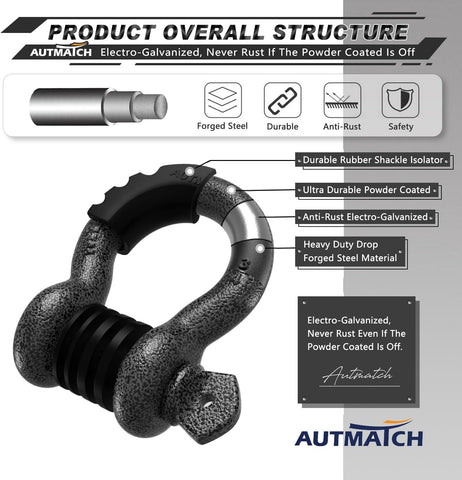 AUTMATCH 3/4" D Ring Shackles (2-Pack) - 41,887 lbs Break Strength