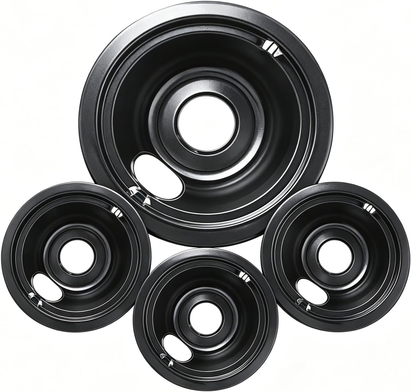 GE Black Stove Drip Pans, 10% Energy Save by Enamel Spraying Prevent Bending and Rust - Include 3Pcs 6'' Burner Drip Pans and 1Pcs 8'' Drip Bowl