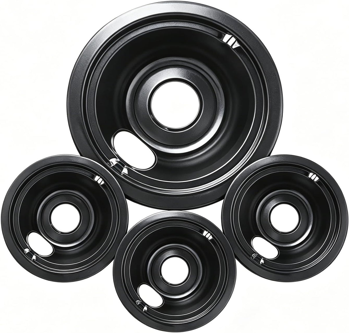 GE Black Stove Drip Pans, 10% Energy Save by Enamel Spraying Prevent Bending and Rust - Include 3Pcs 6'' Burner Drip Pans and 1Pcs 8'' Drip Bowl
