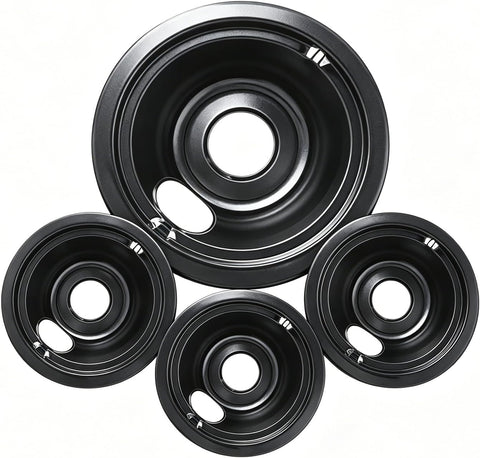 GE Black Stove Drip Pans, 10% Energy Save by Enamel Spraying Prevent Bending and Rust - Include 3Pcs 6'' Burner Drip Pans and 1Pcs 8'' Drip Bowl