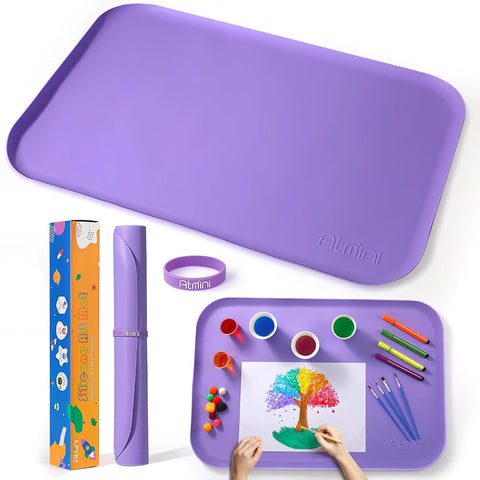AtMini Silicone Art Mats for Kids, 24"x16" Silicone Craft Mat with Lip to Keep Clean, Play Sand, Painting, DIY Crafts Mat for Kids (Purple)