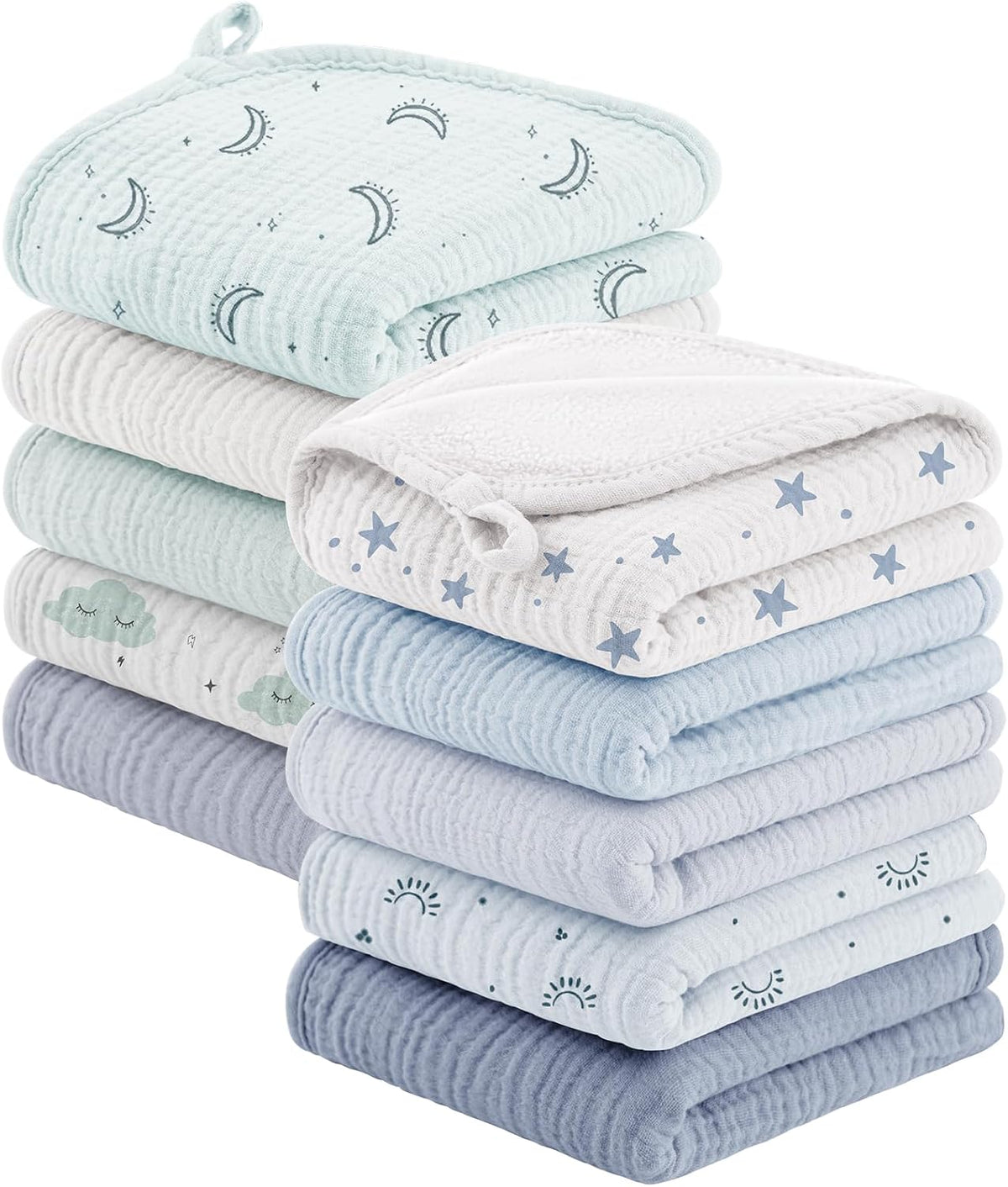 Bearmoss 10 Pack Muslin Burp Cloths, 20"×10" Absorbent Baby Burping Cloths (Blue Star)