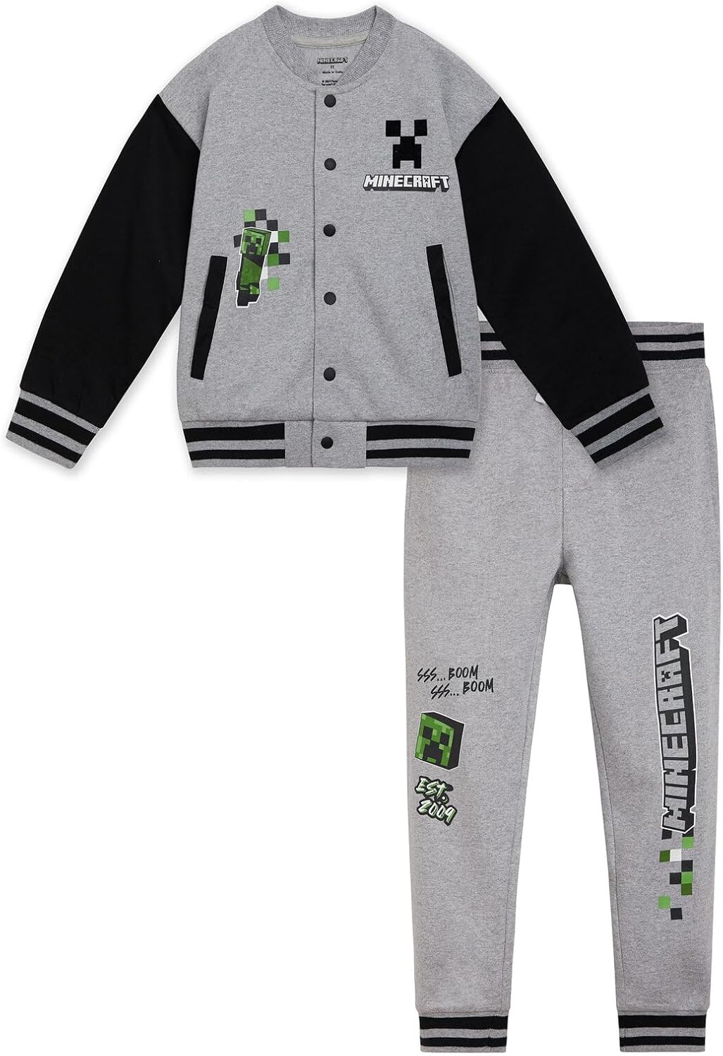 Minecraft Fleece Varsity Bomber Jacket and Jogger Pants Outfit Set Little Kid to Big Kid Sizes (4-18-20)