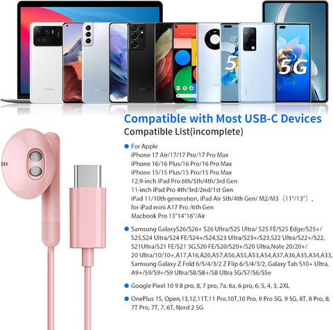 USB C Headphones for iPhone 17 16 15 Pro Max Plus iPad Pro USB C Earphones with Microphone Volume Control USB C Wired Earbuds USB Type C Earphone for Google Pixel 9 Samsung S26 S25 S24 S23 S22 A55 A17