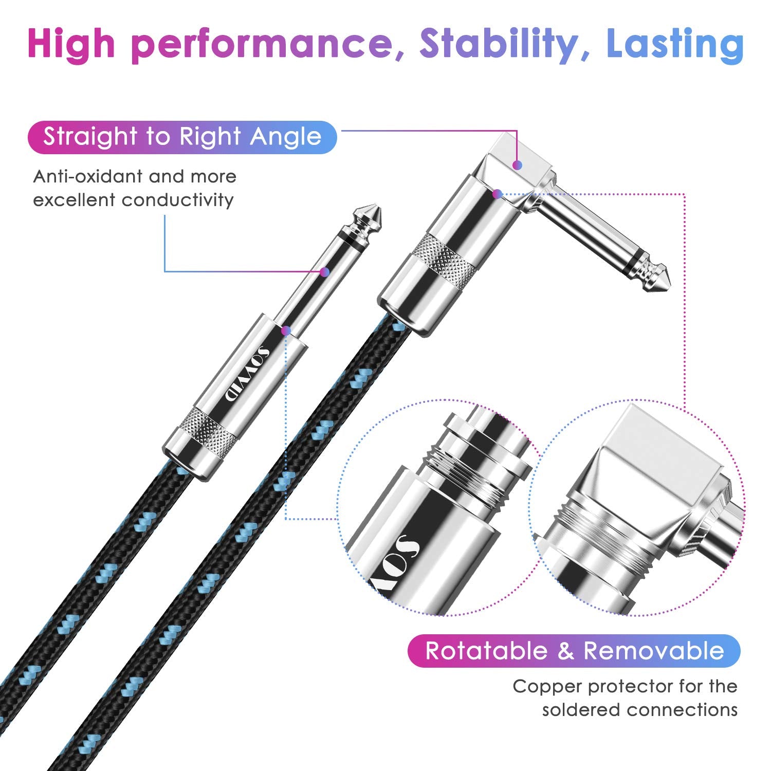 10FT 2 Pack Instrument Cable - Electric & Bass Guitar, Keyboard, AMP Cord - 1/4 Inch Right Angle Black & Blue