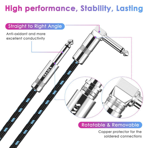 10FT 2 Pack Instrument Cable - Electric & Bass Guitar, Keyboard, AMP Cord - 1/4 Inch Right Angle Black & Blue